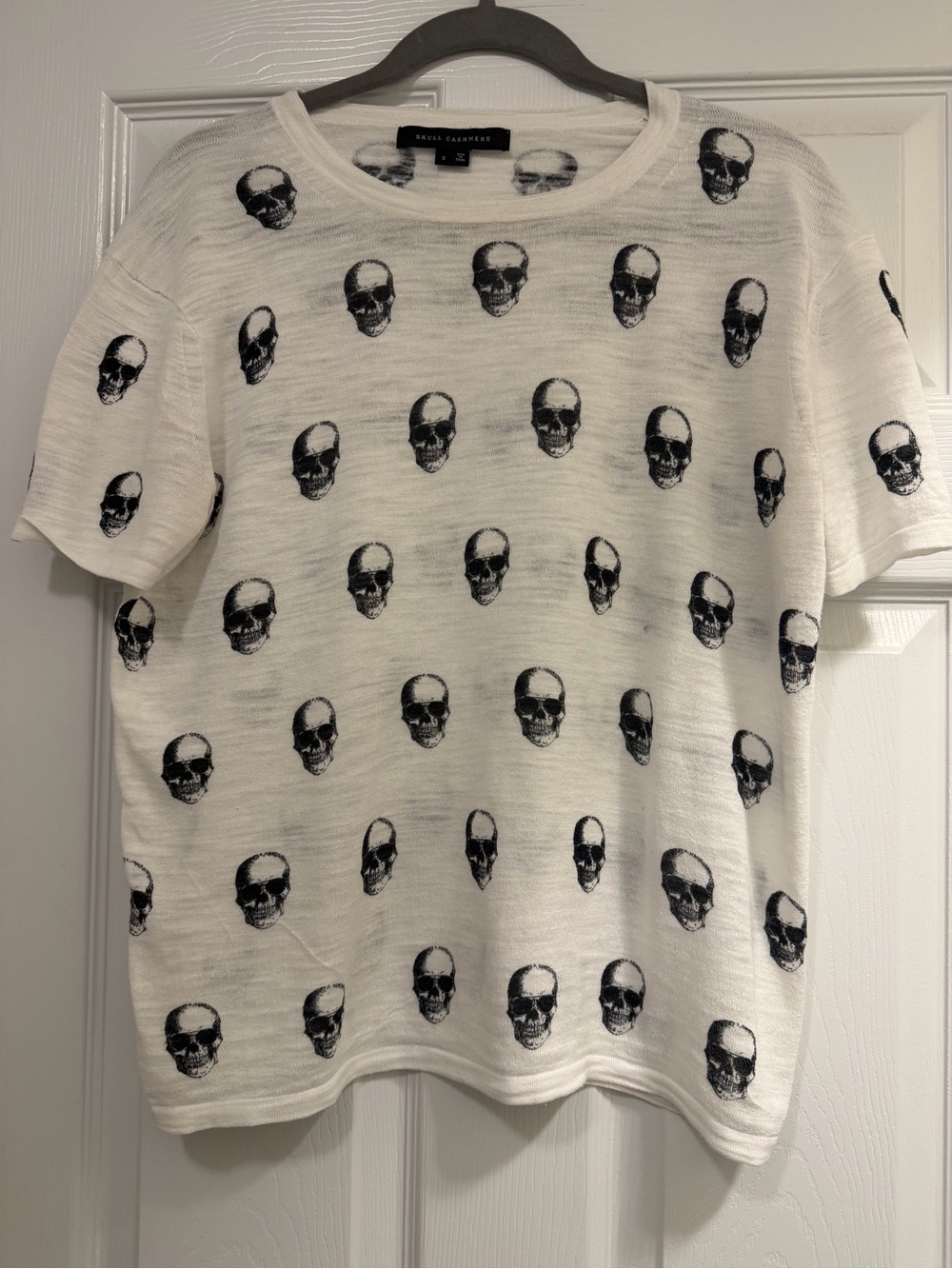 Skull Cashmere White Tee with Black Skull Pattern